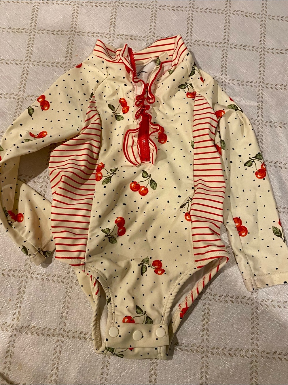 Jessica Simpson Cream Cherry Print Long-Sleeve Rashguard with Red Accents